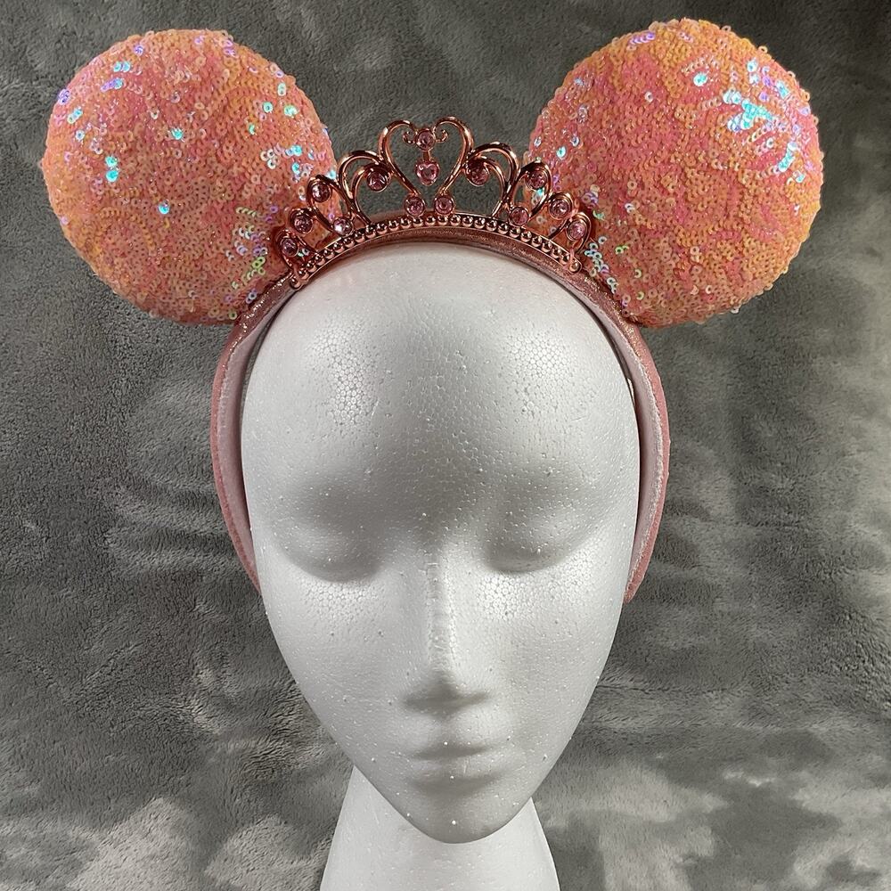 Disney Parks Princess Pink Sequin Rose Gold Tiara Minnie Mouse Ears Headband